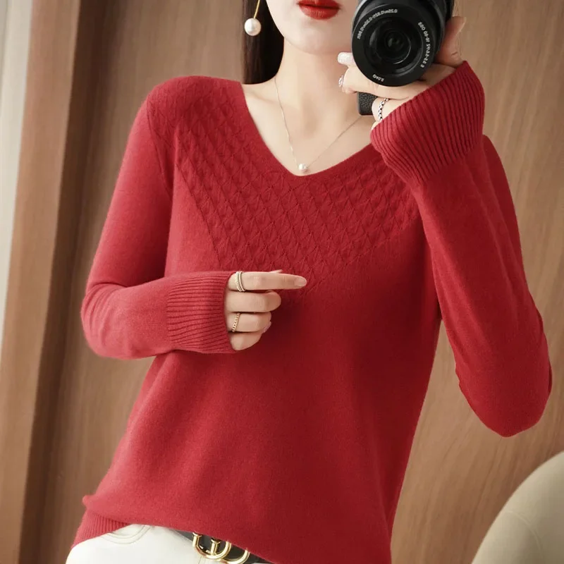 

Women Pure Wool Blend Knit Sweater Autumn Winter V-Neck Diamond Grid Pullover Solid Bottoming Casual Top Cashmere Female Sweater