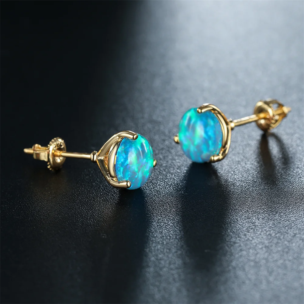 Blue Fire Opal Stud Earring 6/7/8MM Round Stone Screw Back Earrings For Women Vintage Gold Color Wedding Jewelry Minimalist Gift