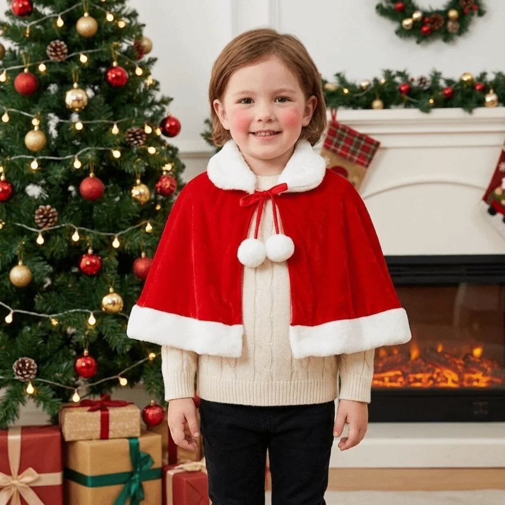 Soft Polyester Christmas Cloak Plush Thick Xmas Cape Shawl Windproof Santa Claus Costume Kids