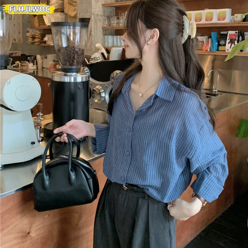 Katoenen tops Luie Korea-stijl Gestreept overhemd Blouse 2023 Lente Zomer Retro Losse dunne transparante vriendje Lange shirts met knopen