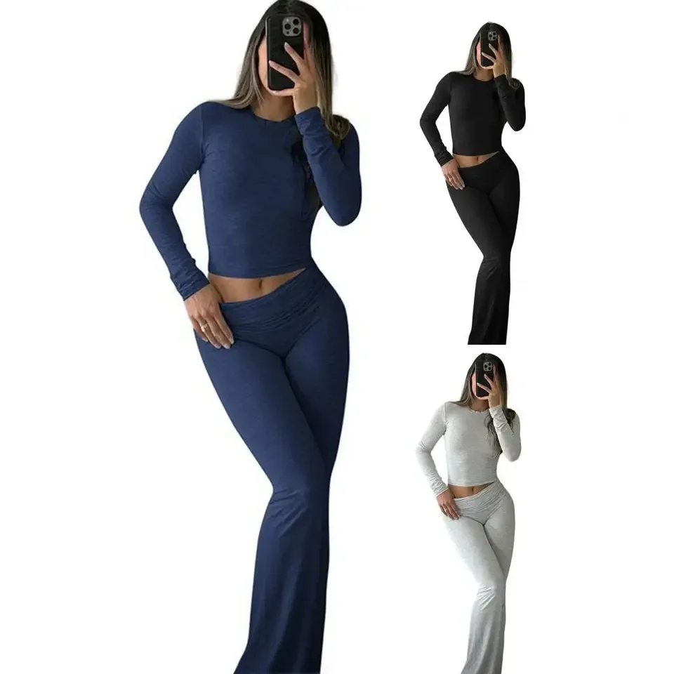 

Women's Sportswear Two Piece Set 2026 Long Sleeve Yoga Outfit With Bell Bottom Pants Outfits Long Sleeve Crew Neck Crop Top