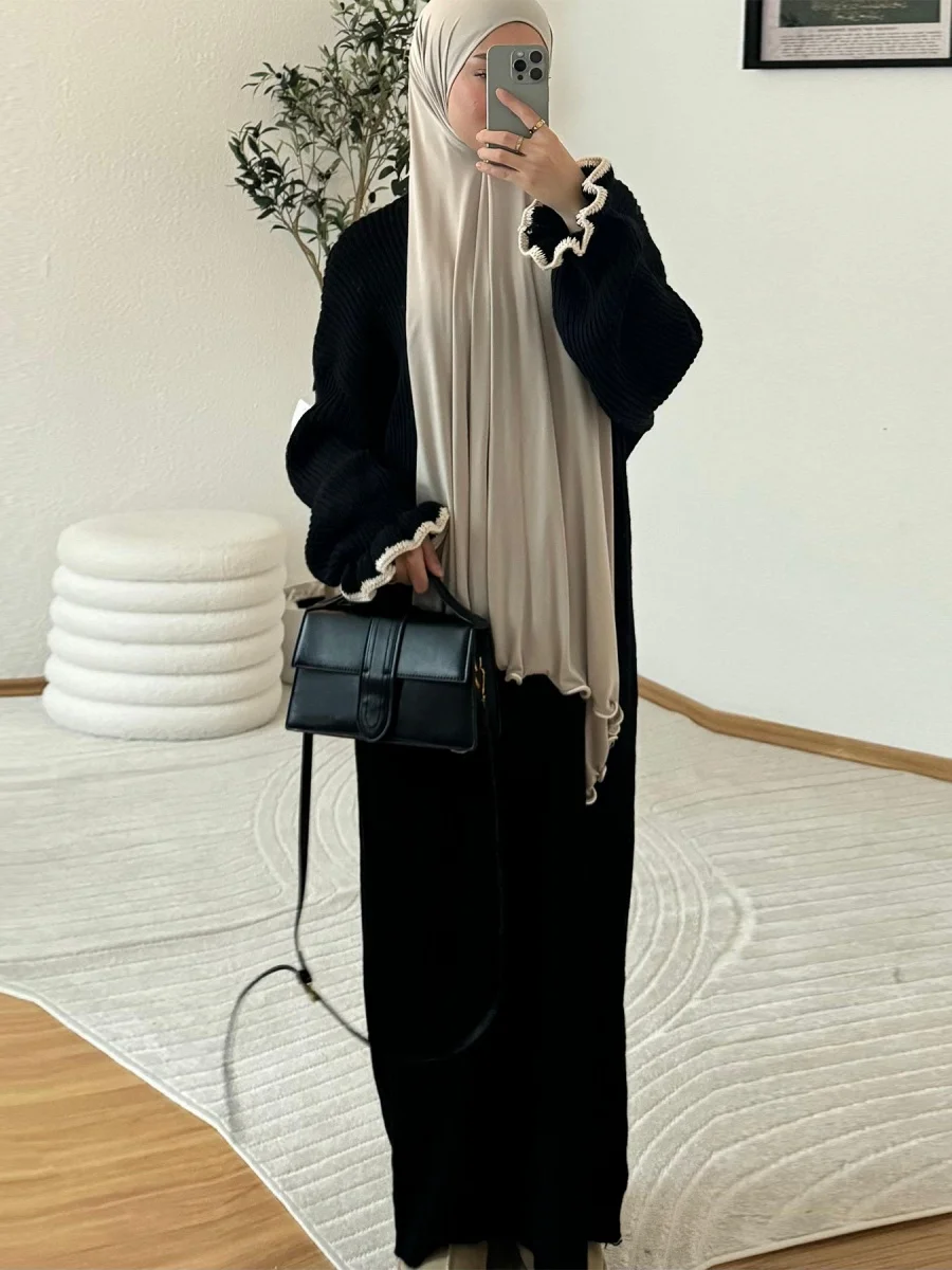 ชุดเดรสยาวแขนยาวลายดอกไม้สำหรับผู้หญิงมุสลิมในฤดูหนาว ดูไบ อบายา เสื้อสเวตเตอร์ถักแบบเรียบง่าย สไตล์มิดชิด สำหรับเดือนรอมฎอน คาฟตัน ชุดคลุมสำหรับผู้หญิง เสื้อผ้าอิสลาม