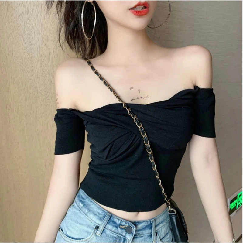 Off shoulder Sweater Women Sexy Solid Pleated Crop Tops Small Size Highstreet 2024 Summer Tops Sweaters For Women