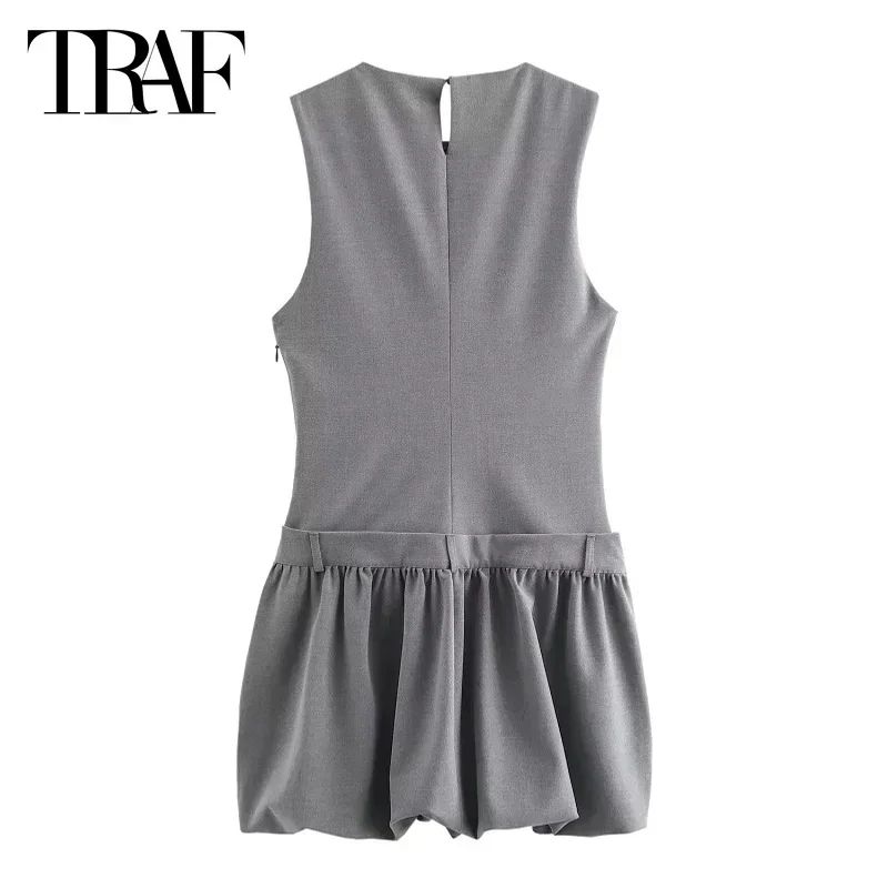 TRAF-Vestidos cortos plisados grises para mujer, minivestidos elegantes de fiesta, moda informal, sin mangas, con cremallera lateral, Otoño, 2024