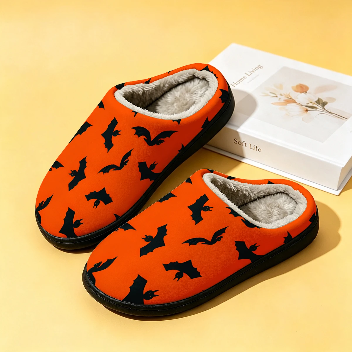 Men Shoes Winter - オレンジバットホワイトドット レディース冬用高級コットンスリッパ 室内用ホームプラッシュ暖かいスリッパ カップルスリッパ メンズ秋用