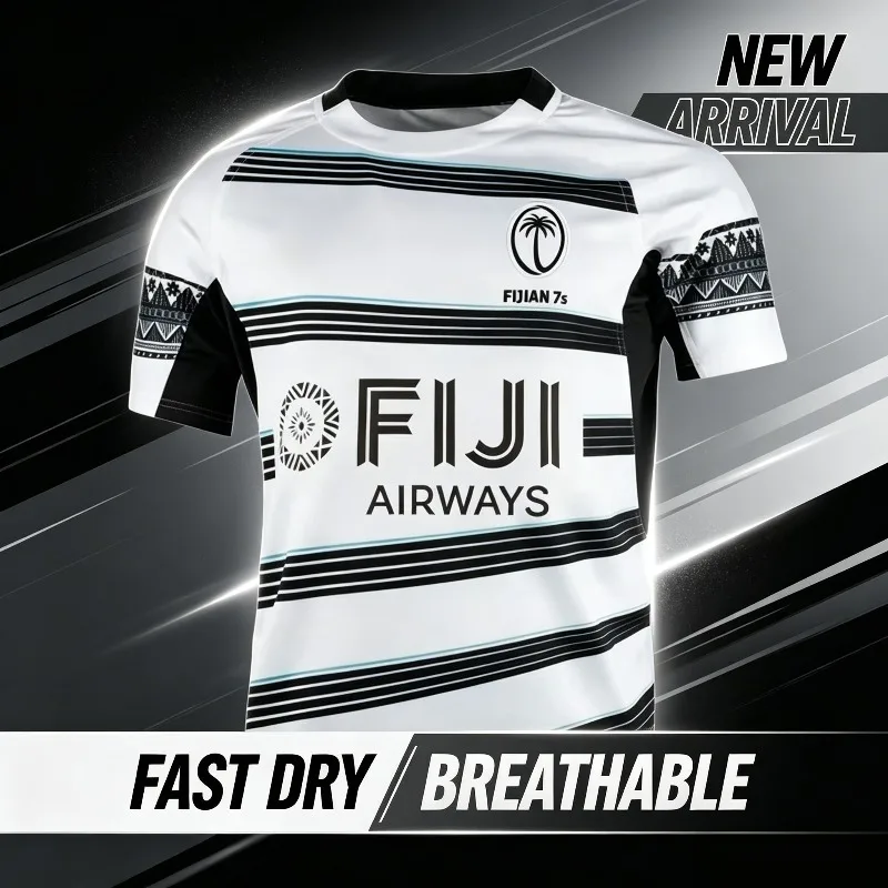 Fiji 7s Adults-kids Rugby Jersey White Black Tribal Print Fiji Fast Dry Men Boys Short‑sleeve Match Training Sport Shirt 100-6XL