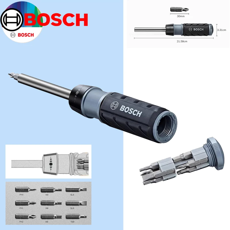 BOSCH 2607017653 Ratchet Wrench 9-IN-1 Unilateral Force Labor Saving With 30MM Drill Bits PH0/1/2 SL4/6 T20 Hex 3/4/5 Hand Tool