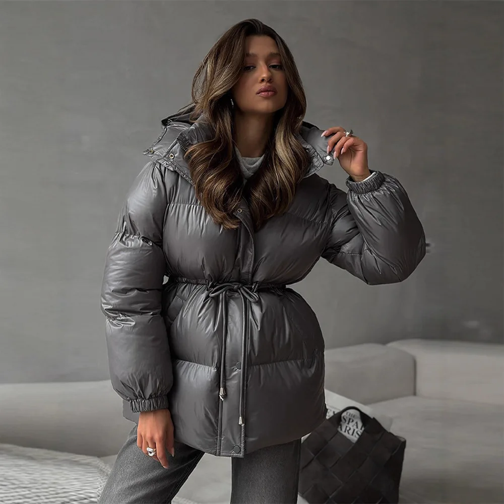 Hooded Parkas Women Full Sleeve Tight Waist Drawstring Jackets Y2k Streetwear Work Casual Thick Warm Coats Zipper Autumn Winter