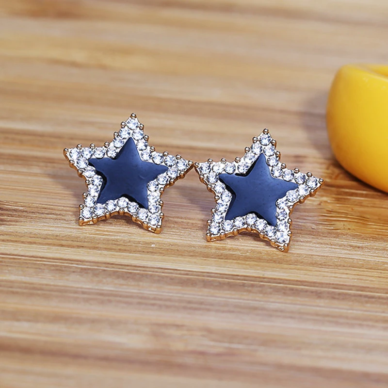 Cute Five-pointed Star Earrings for Women Black Enamel Oil Crystal Double Color Earrings Party Classic Sweet Jewelry