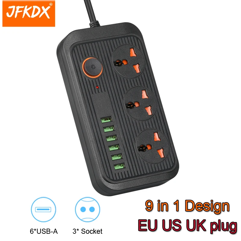 

JFKDX EU UK US Plug 3000W Power Strip 2M Extension Cord Adapter With 3 AC Outlets 6 Fast Charging Port Socket Network Filter