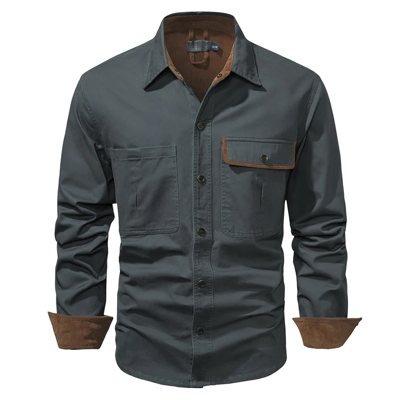 

Spring Autumn Men's Corduroy Shirts Men Retro Wash Cotton Workwear Shirt Men Solid Color Long Sleeve Turn-Down Collar Shirts 2XL