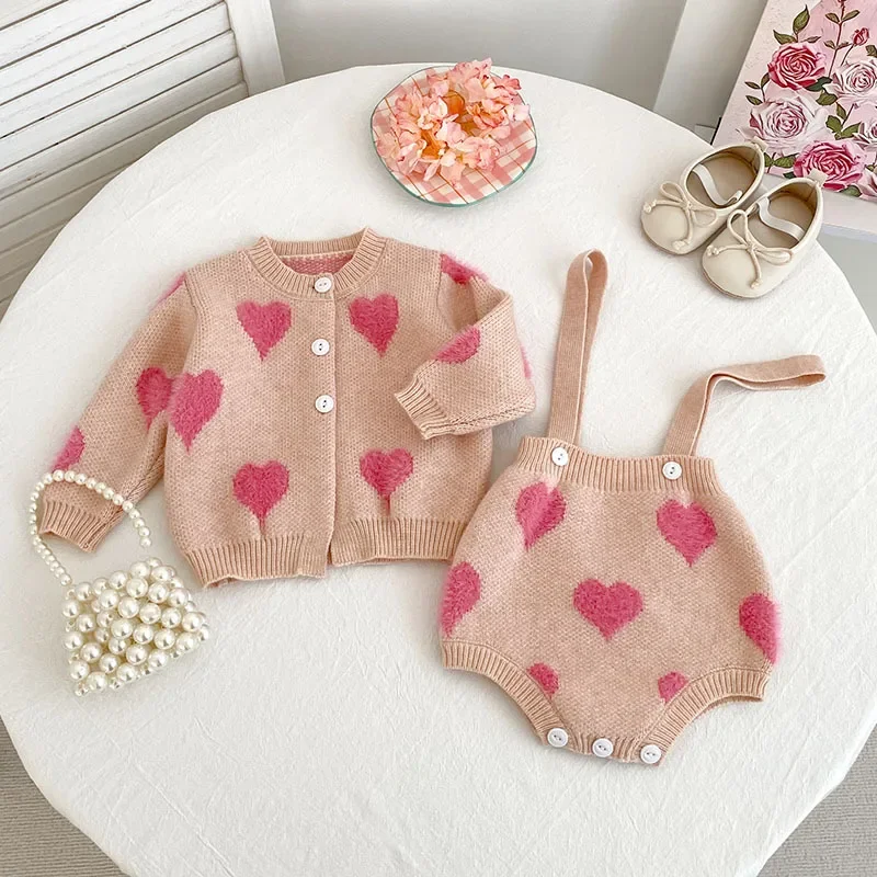 2025 Autumn Baby Girl Knit 2-Piece Sets Heart Suspender Romper + Knitted Cardigan 0-24M Cotton Outfits Infant Toddler Outfits