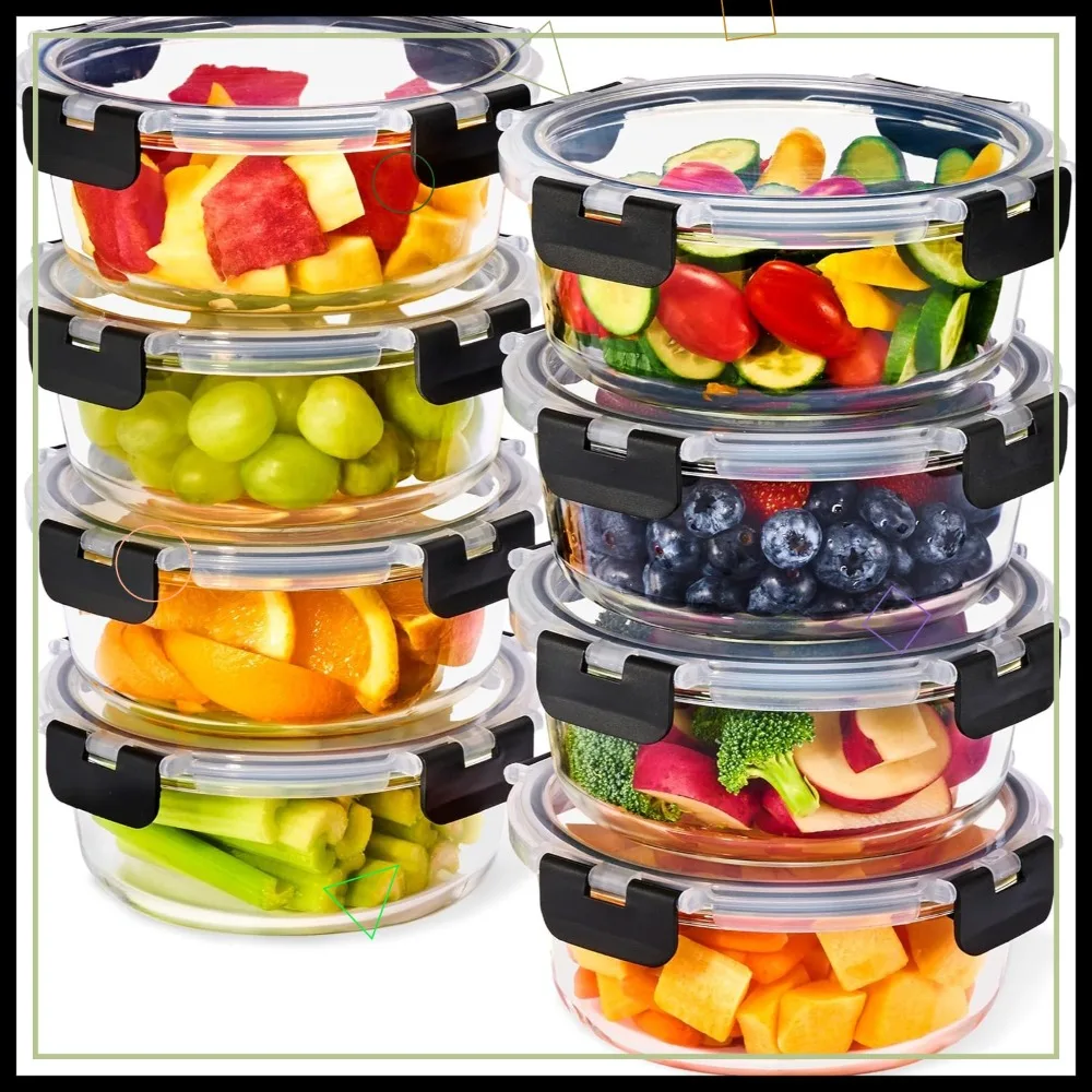 

Набор из 16 стеклянных контейнеров для еды: 8 круглых мисок объемом 32 унции с герметичными крышками, подходят для заморозки, мытья в посудомоечной машине и использования в духовке для хранения продуктов.