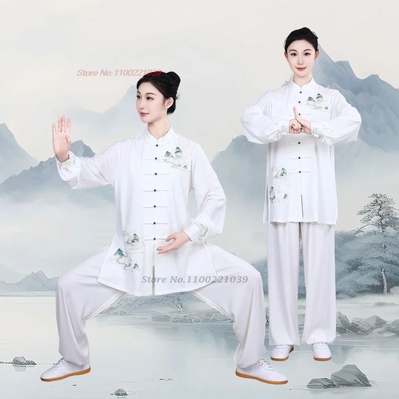 

2025 китайский винтажный кунг-фу тай чи боевые искусства тайцзицюань ушу тренировочные упражнения с цветочной вышивкой топы + брюки комплект