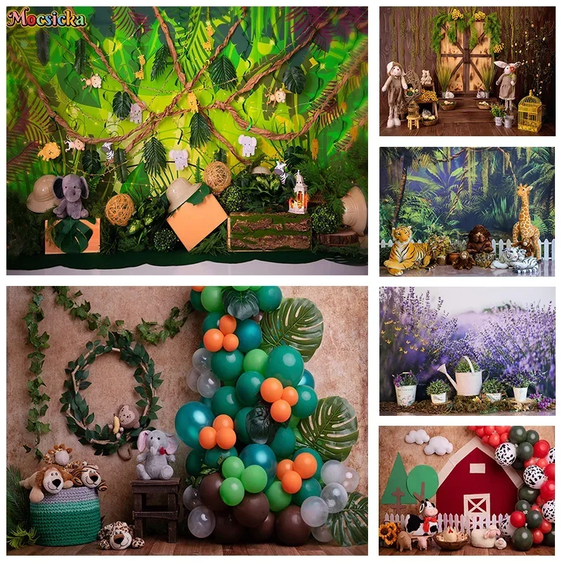 Fondos de fotografía Mocsicka, fiesta de cumpleaños de bebé recién nacido feliz, fondo de animales de la selva, pancarta para fotos, accesorios de estudio