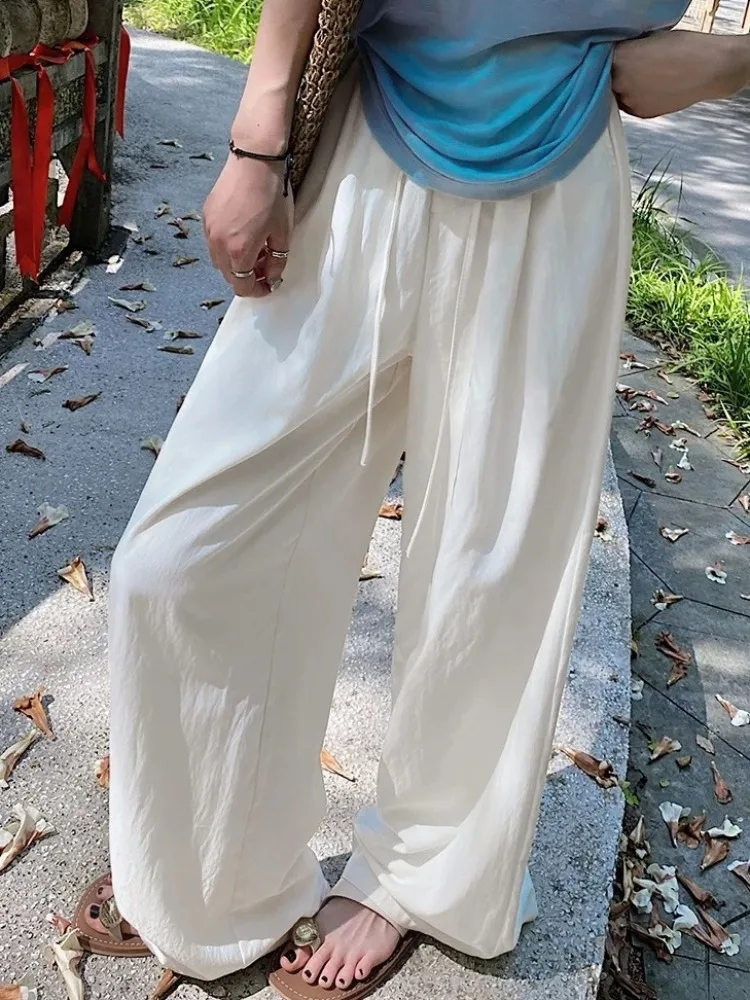Korean Style High Waist Women's Trousers Drawstring White Wide-leg Pants Women Summer Cotton Linen Casual Loose Straight Pants
