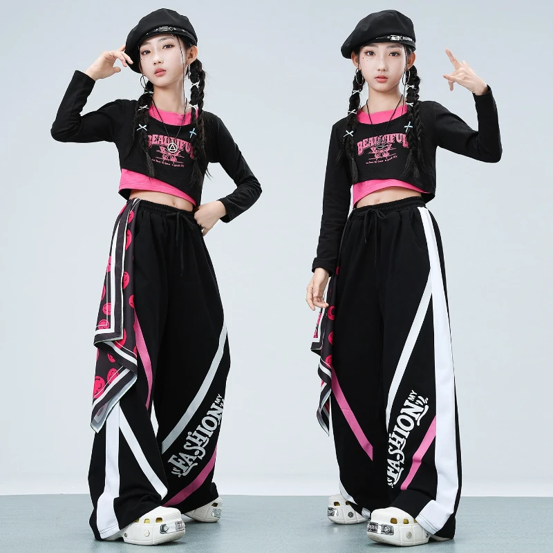 Girls Hip Hop Clothing Long Sleeve Crop Top Baggy Pants Jazz Dance Costume Sets Group Streetwear Outfits Cool Stage Wear Suit