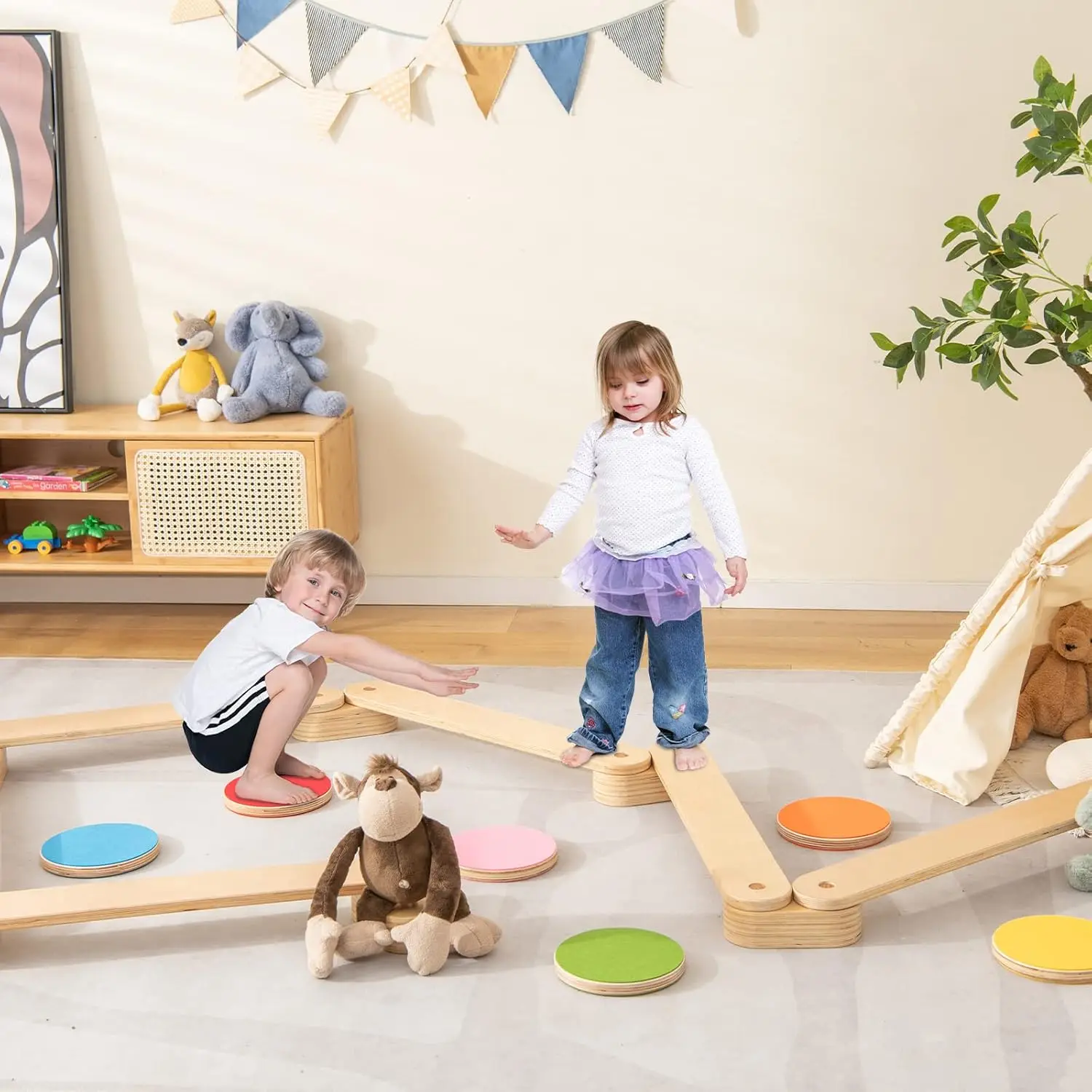 Wooden Balance Beam for Kids Toddler, Stepping Stones, 12 Piece Obstacle Course for Playroom Indoor Outdoor, Gymnastics Montesso