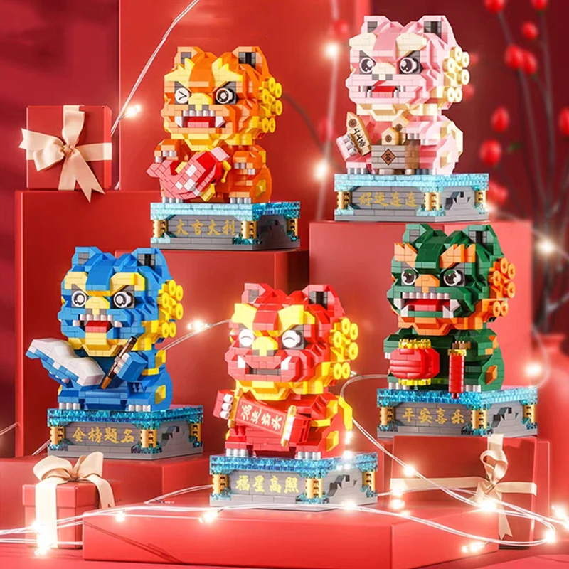 Lele New Year Spring Festival Stone Lion Lucky Animal Pet Light DIY Mini Diamond Blocks Bricks Building Toy For Children No Box