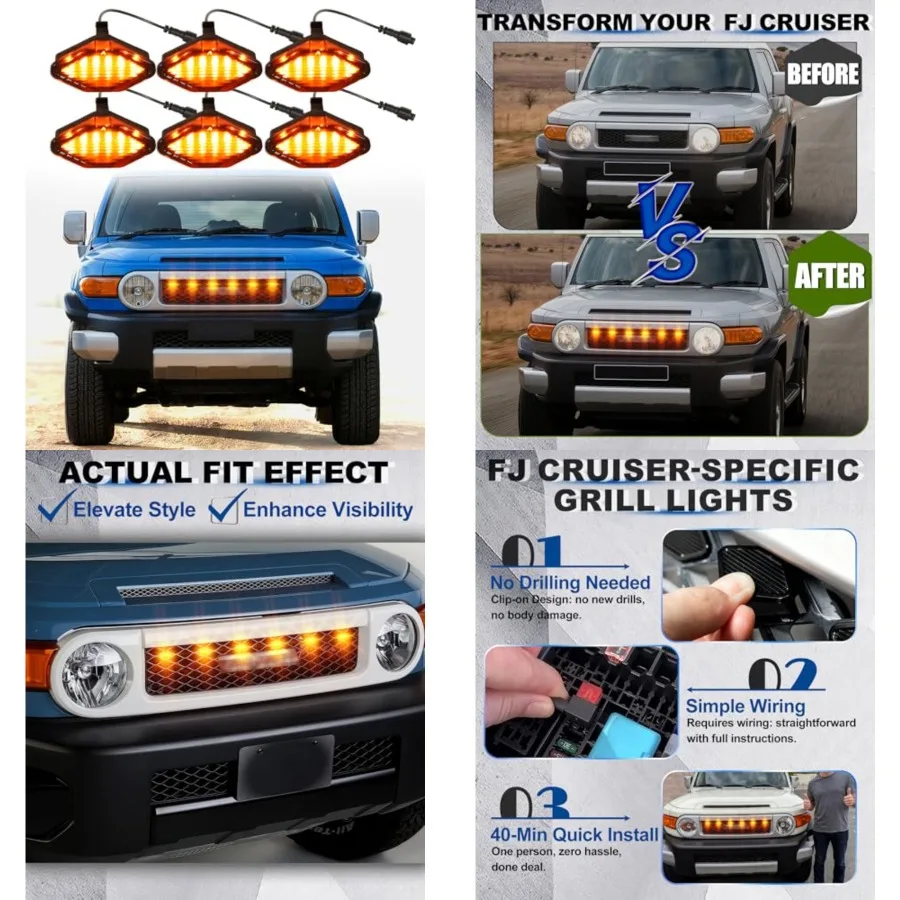 

LED Grill Lights for 2007-2022 Toyota FJ Cruiser Accessories Raptor Light Front Grille Lighting Insert Amber