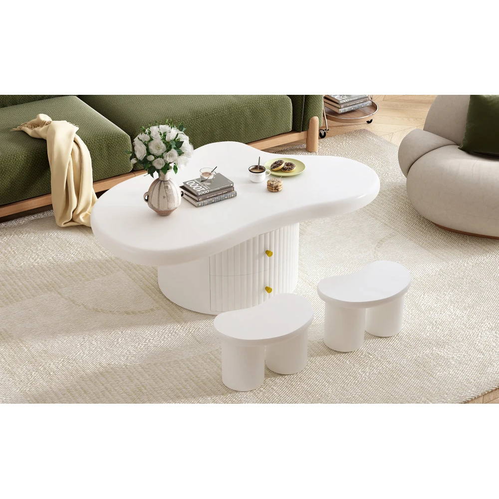 U-Can Cloud Coffee Table Set of 3 Irregular Shape Coffee Table with 2 Drawers 2 Small Stools for Living Room