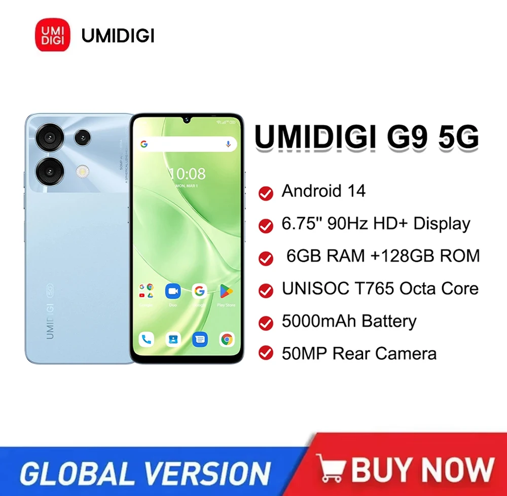 UMIDIGI G9 5G Smartphone 5G Android 14 8-Core 6+6GB 128GB 6.75” 90Hz HD+ 50MP 5000mAh 18W Charging 5G cellphone Global Version