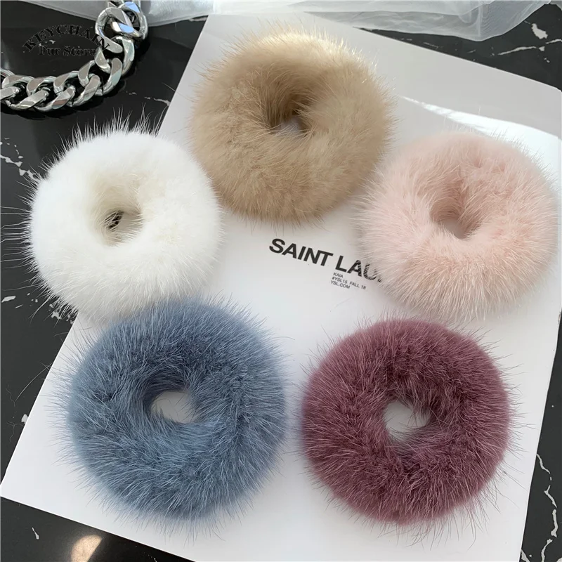 Fashion Hair Rope Real Mink Fur Elastic Bands Woman Luxury Genuine Fur Fluffy Hair Ties Girls Rubber Band Hair Ring Accessories