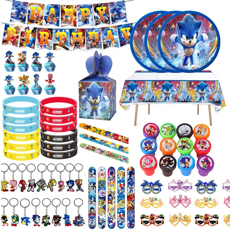 Artículos para Fiestas de Cumpleaños Infantiles: Llaveros, Pegatinas, Sellos, Pulseras y Vajilla de Sonic para Rellenar Bolsas de Regalo y Premios para el Aula