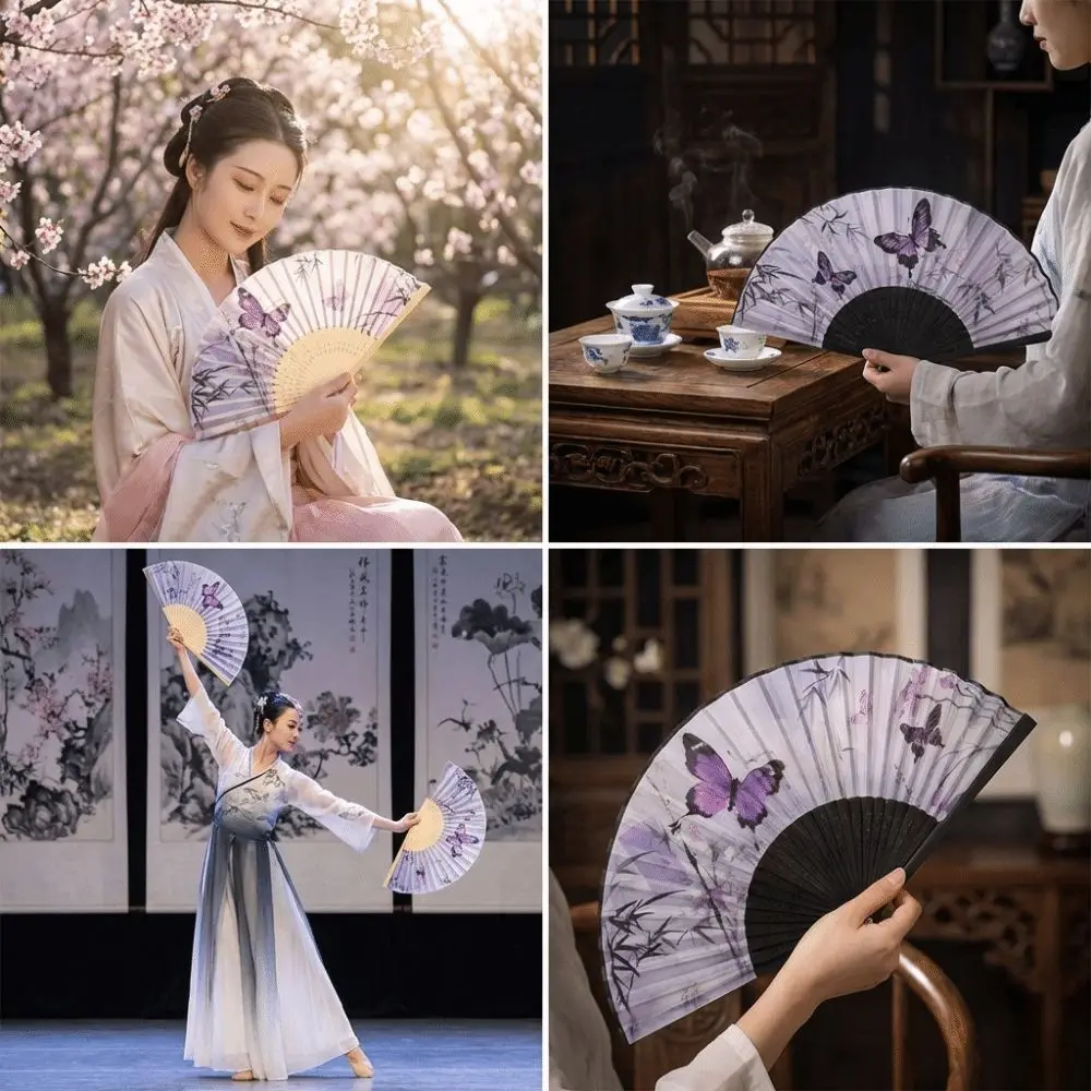 Chinese Style Silk Folding Fan Butterfly Pattern Cooling Handheld Fan with Tassel Handmade Retro Bamboo Fan Gift Giving