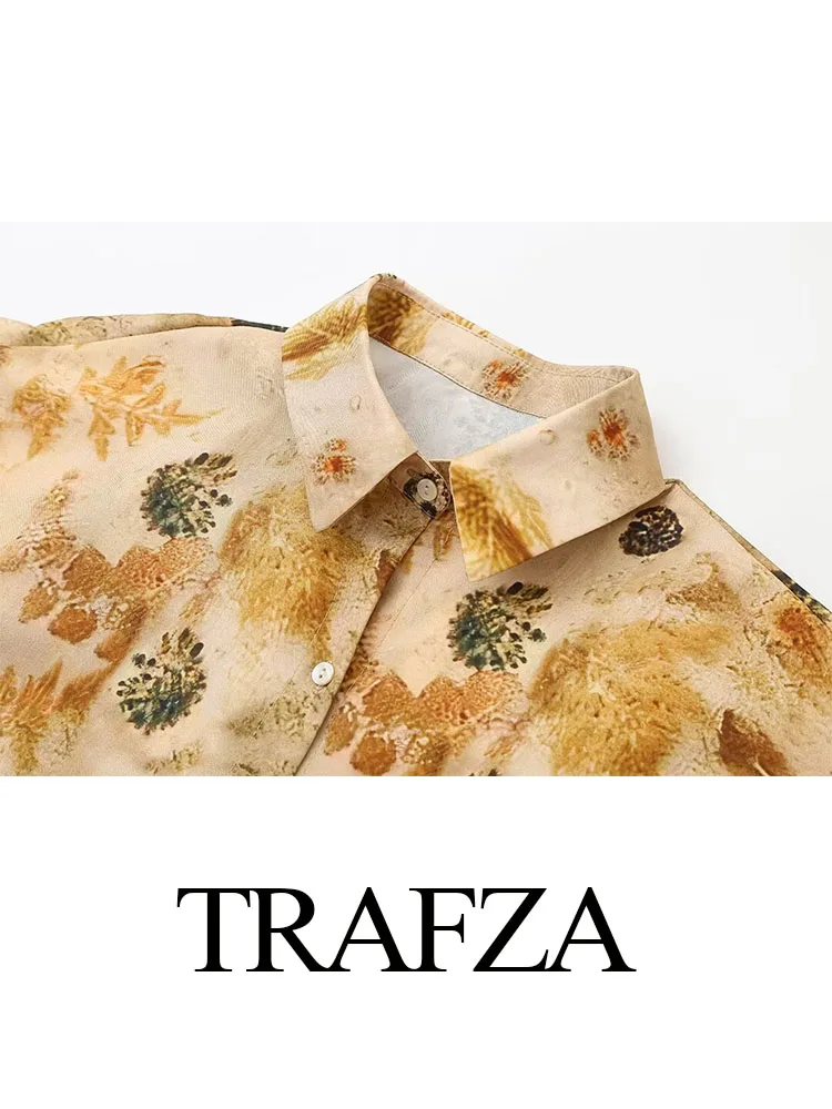 TRAFZA Spring Set Women 2024 Trendy Print Turn-Down Collar Long Sleeve Single Breasted Shirt+Elastic Waist Drawstring Loose Pant