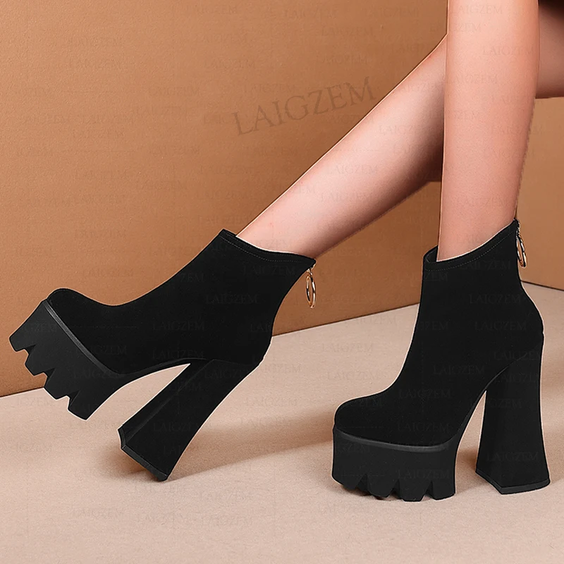 LAIGZEM SUPER Women Ankle Boots Real Leather/ Real Suede Back Zip Up Thick High Heels Short Booties Shoes Woman Size 33 35 37 39