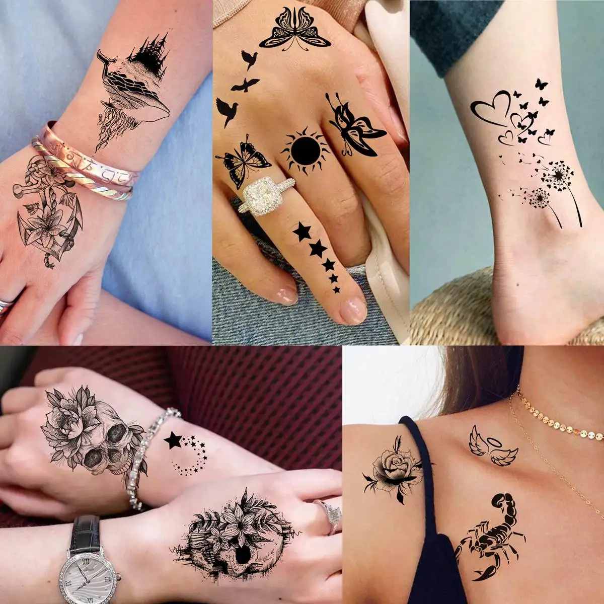 52 Sheets DIY Tiny Temporary Tattoos Sticker For Adults Finger Fake Crown Infinity Tattoo Black Stars Letters Star Tatoos Paste