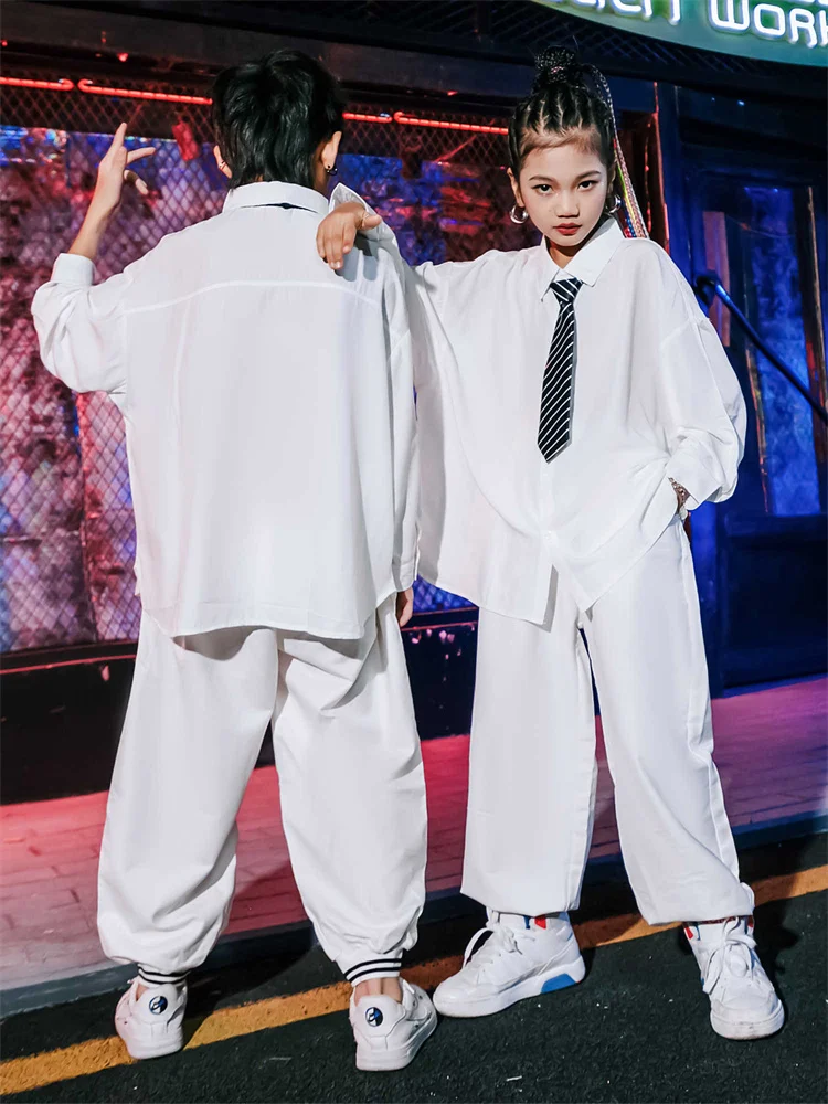 Loose Long Sleeves Hip Hop Clothes Girls Jazz Street Dance Performance Stage Costume Boys Children White Shirts Pants