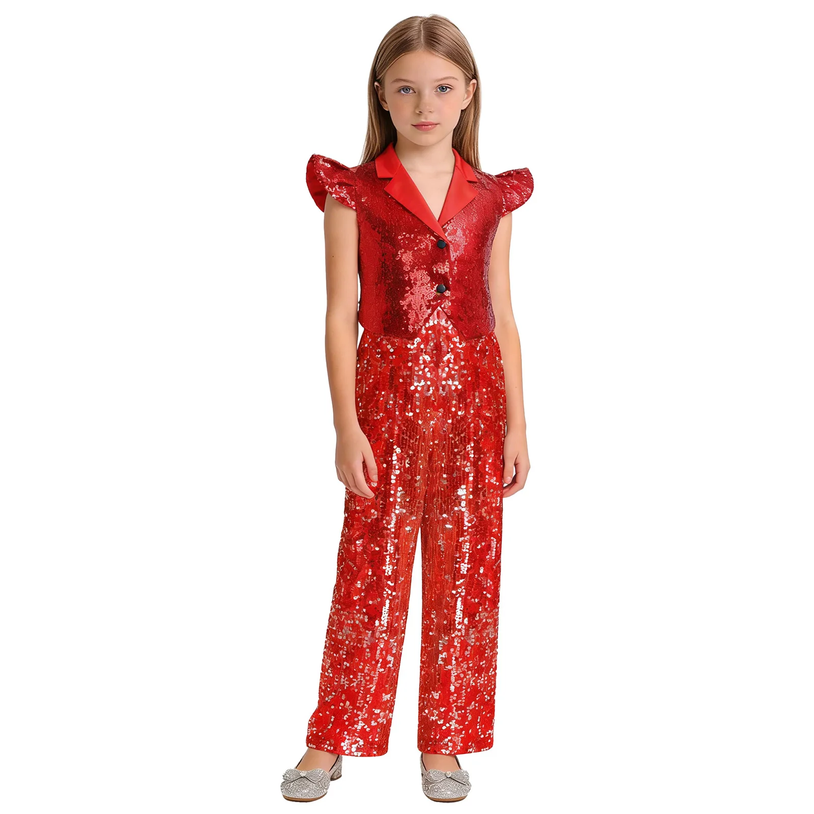 Kids Girls Sequin Stage Performance Outfit Streetwear 80s Disco Dance Costume Fashion Glittery Hip Hop Jazz Dance Party Suits