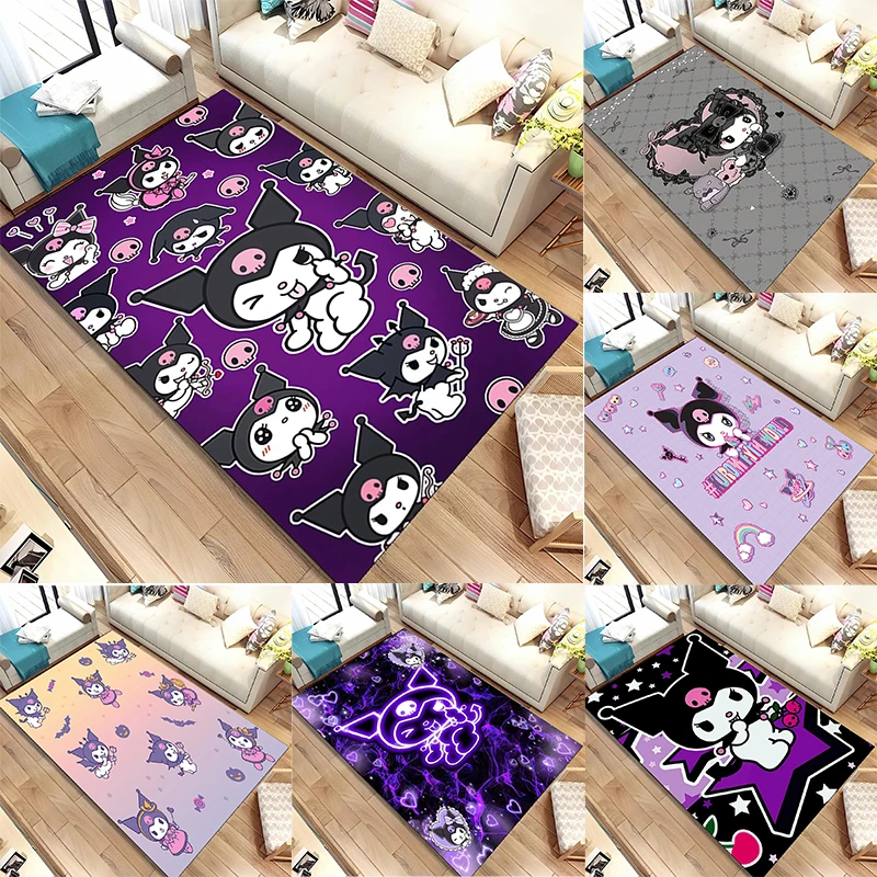 

Ковер MINISO Kuromi с ярким рисунком персонажа из мультфильма и игривыми позыми, фиолетовые, розовые тона, очаровательный дизайн для декора игровой комнаты