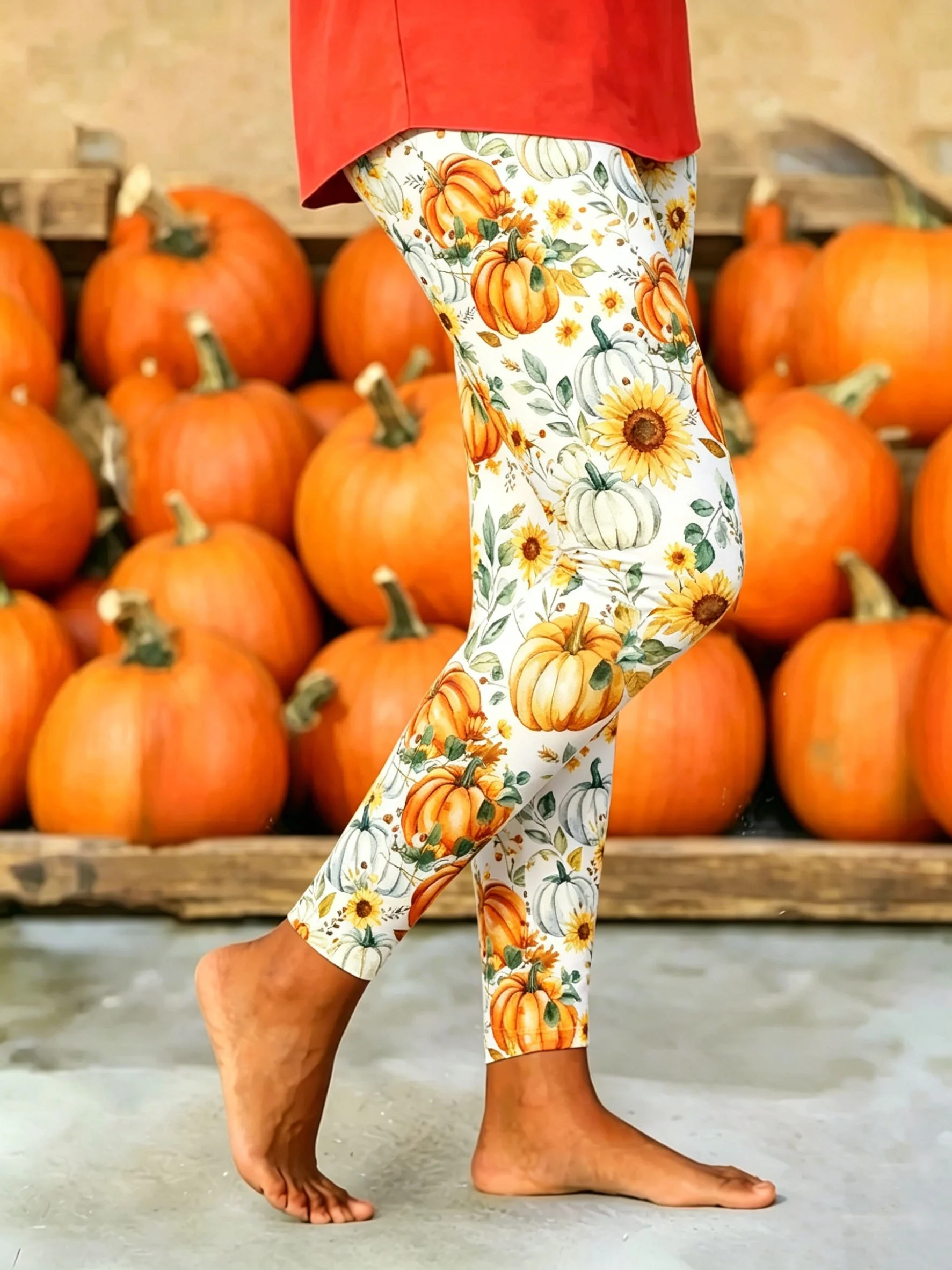 Women Fleece Lined Leggings Pumpkin Sunflower Print Stretch Warm Autumn Casual Long Pants