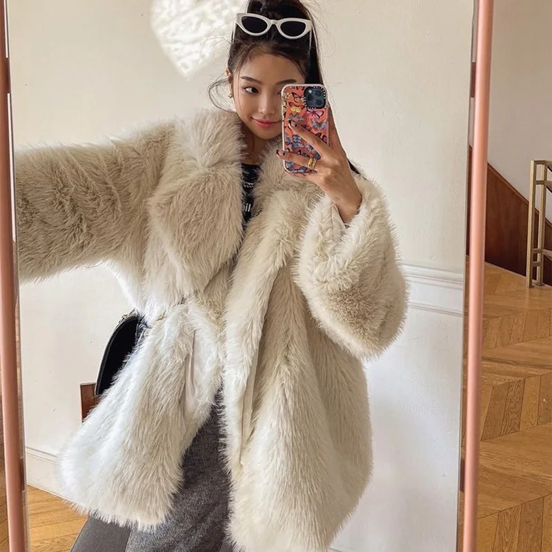 Women Faux Fur Jacket Fox Fur Coats Winter 2024 Korea Suit Collar Casual Loose Pink Female Thick Warm Overcoat Furry Clothes