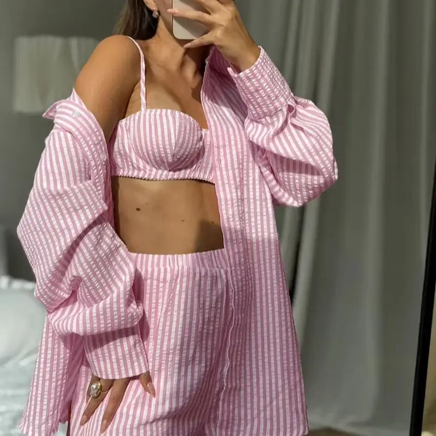WXOY Striped Three Piece Set Women Long Sleeve Shirt Crop Top Pants Loungewear Pajamas Sleepwear Casual Loose Home Suits Outfits