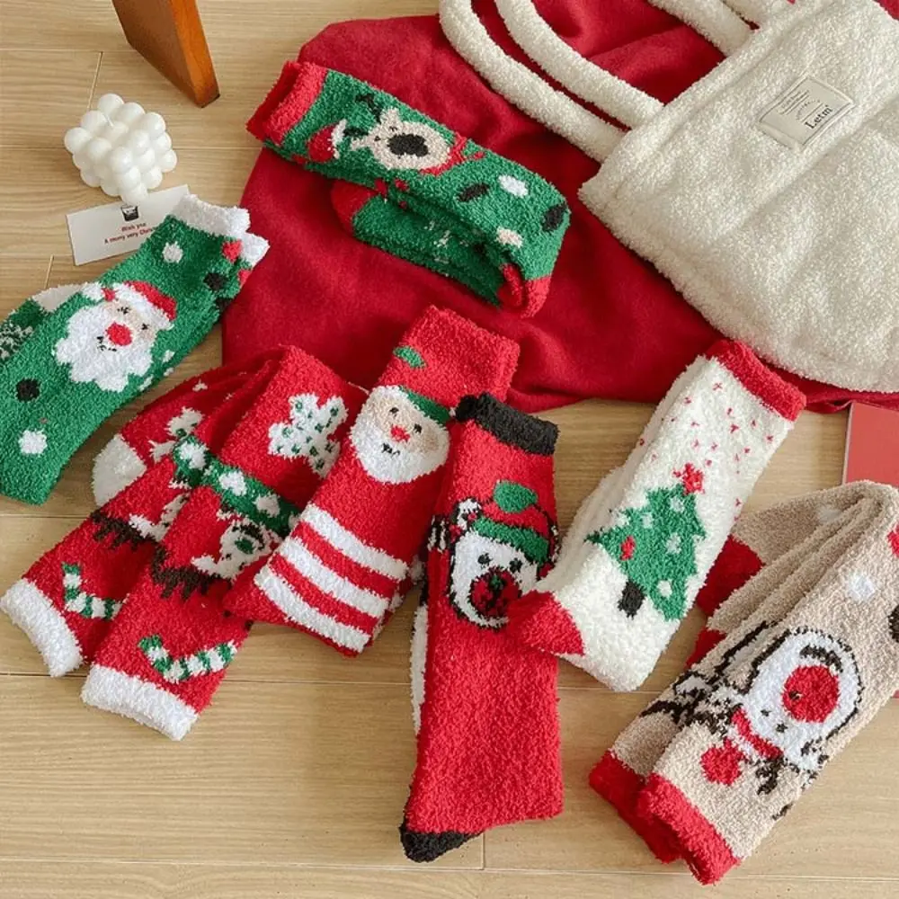 Cute Calf Socks Christmas Stocking Long Tube Coral Fleece Home Sleep Socks Santa Claus Elk Women Hosiery Home Wear