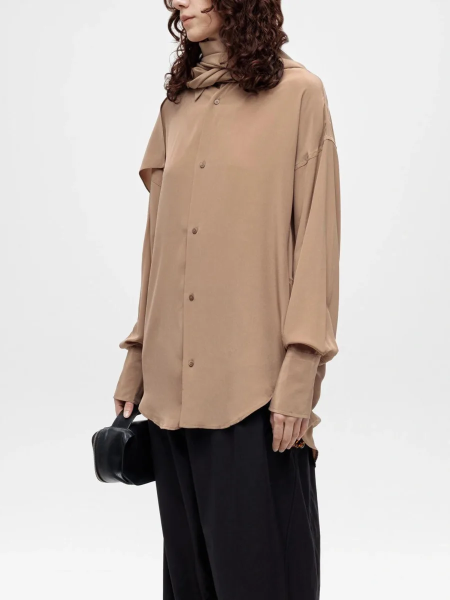 DFDG Women 2026 Autumn Satin Oversized Shirt Detachable Scarf Collar Lantern Sleeve Drop Shoulder Loose Button Down Blouse