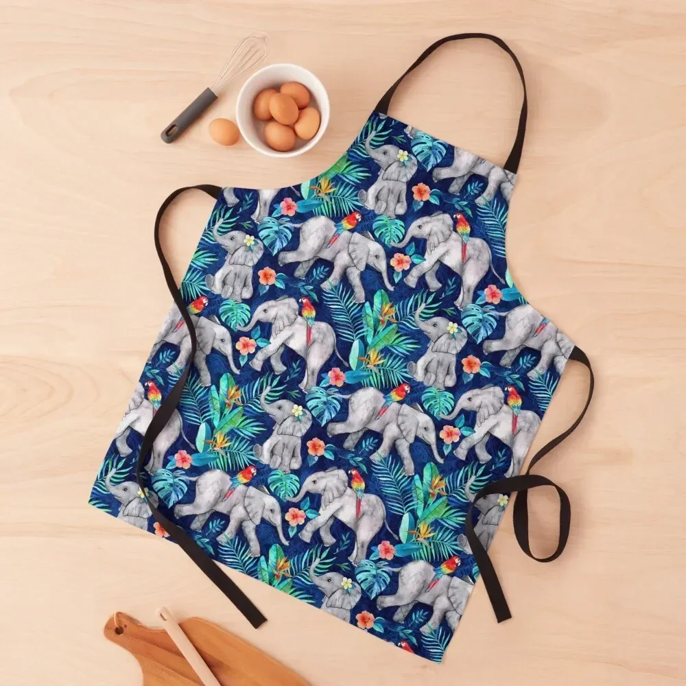 

Elephants and Parrots in Indigo Blue Apron man chef uniform kitchen woman Kitchen Things And For Home Apron