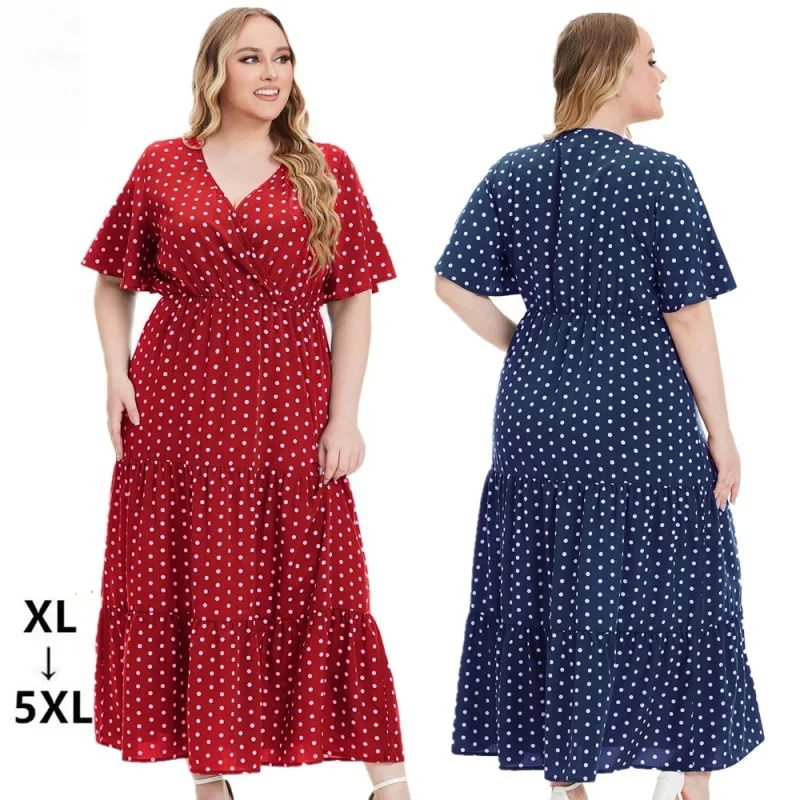 2024 New European and American Plus Size Women's Clothes Summer New Style Fat Sister V-Collar Polka Dot Short Sleeve Dress