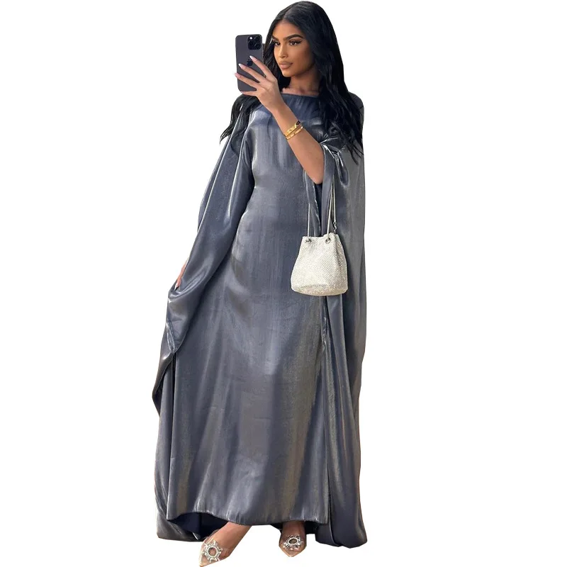 

New 2026 summer middle east modest muslim fashion bright silk satin waist abaya dress
