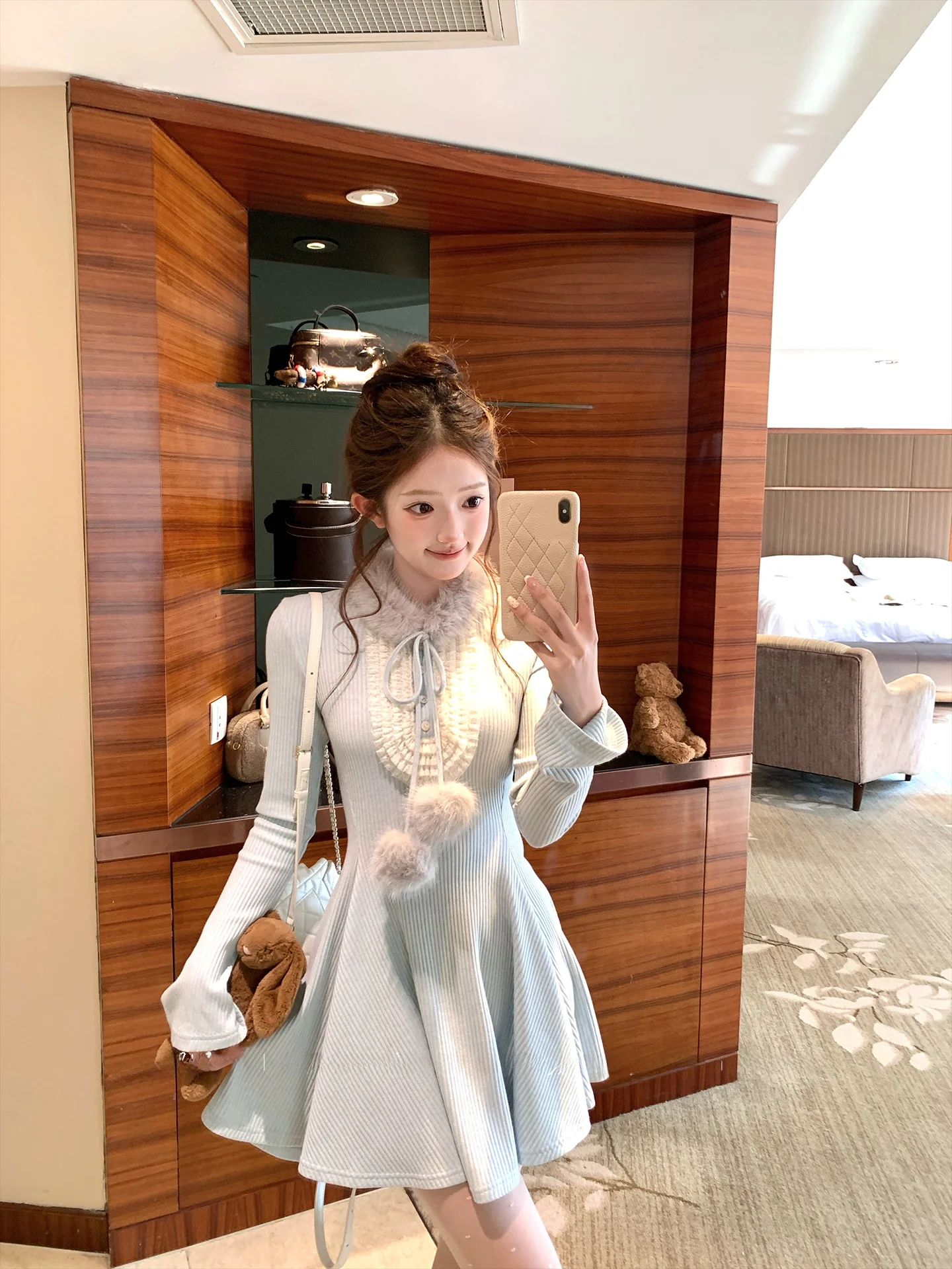 

Acaine Winter Blue Knitted Mid-Length Dr Women's Slimming Waist-Cinching A-Line Gown Sweet Sle Long Sve Casual Wear