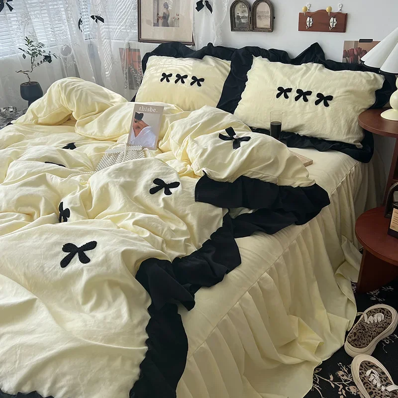 French Bow Towel Embroidery Bed Sets Princess Style Skin-Friendly Lace Bedding Set Comfortable Two-Color Bedclothes for Single
