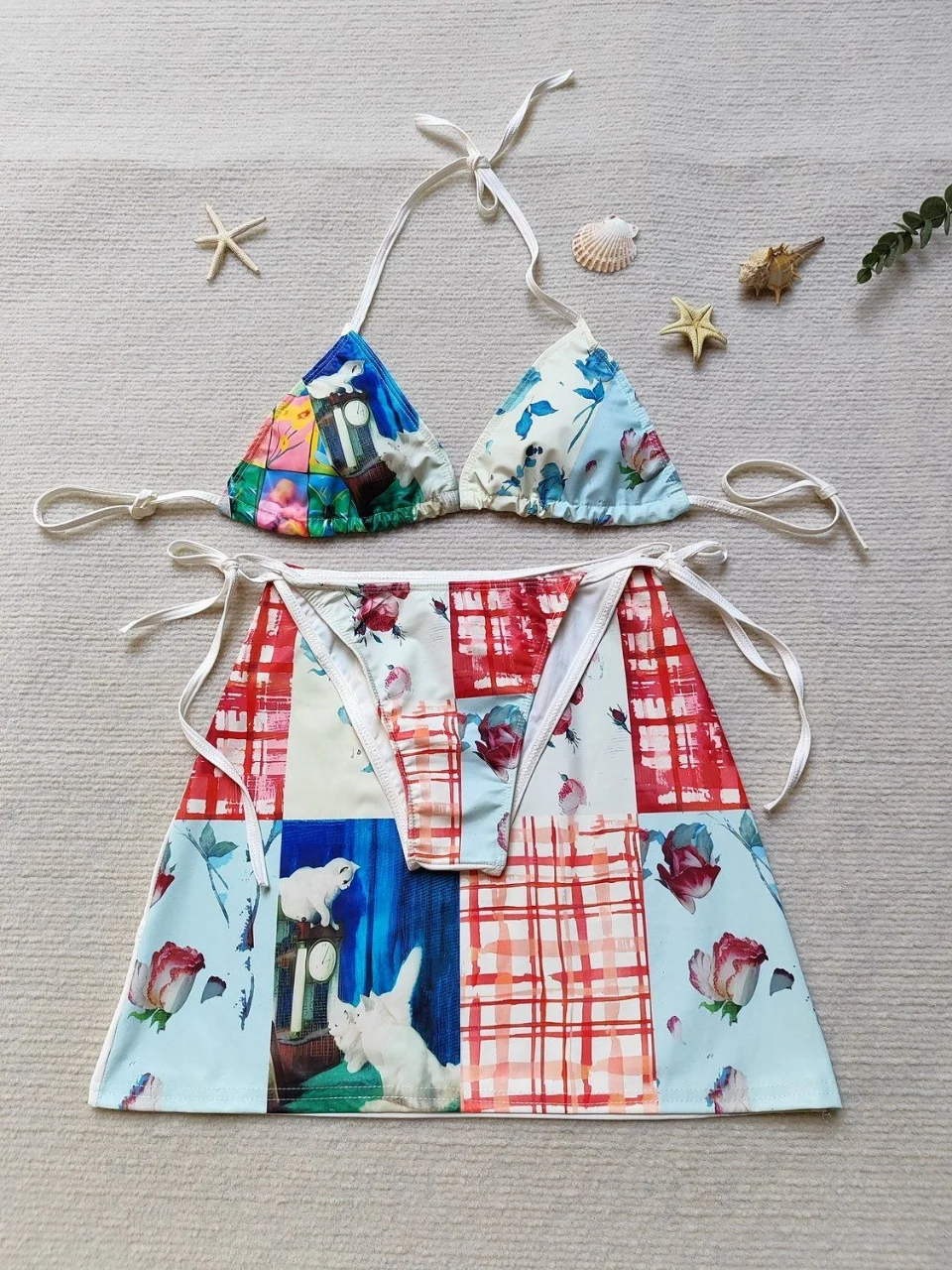 

Women's 3-Piece Bikini Set - Cat & Floral Patchwork Halter Swimsuit with Skirt Cover Up Summer Beach Bathing Suit (Multi-Color)