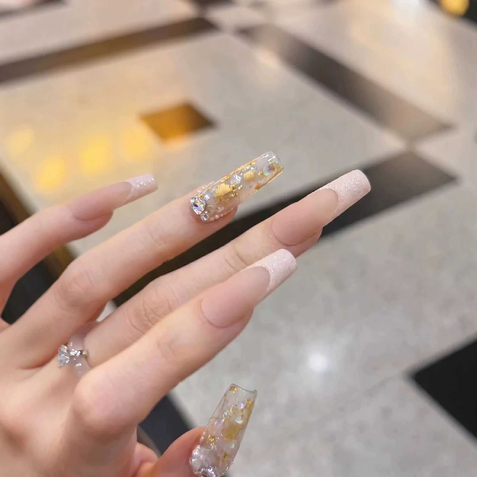 10pcs French Press On Nails with Gold Foil Zircon Pearl Glitter False Nails DIY Handmade Sparkling for Wedding Party Daily Wear