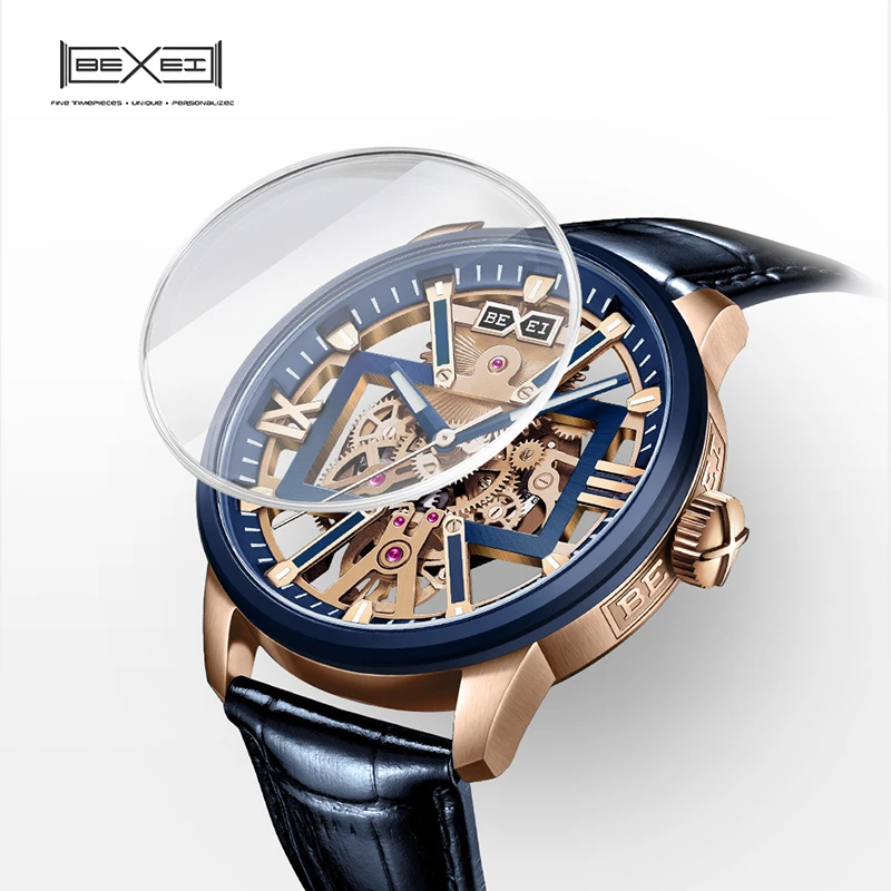 BEXEI 9053 Automatic mechanical fashion Man watch Luxury  skeleton synthetic sapphire waterproof BX-015 movement Reserve 72H