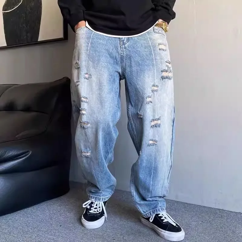 

Летние мужские джинсы свободного кроя, потертые, в американском ретро-стиле, прямые, зауженные, длинные брюки, повседневные, удобные