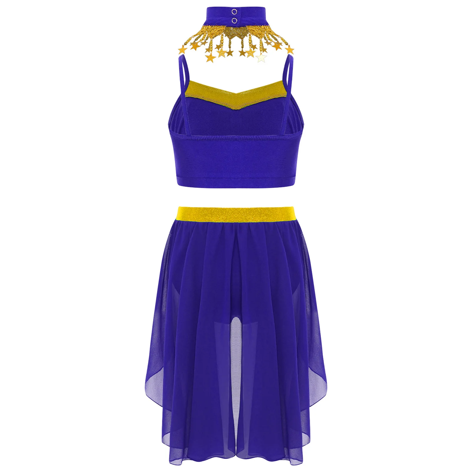 Mädchen glänzende Pailletten Bauchtanz Kostüm Quasten Crop Top mit Chiffon Rock abnehmbarer Kragen Halloween indische Bauchtanzkleidung